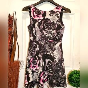 Womens Dress Medium Fit & Flare Rose Print Pink Sleeveless Cocktail Party